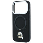 Karl Lagerfeld dėklas su 360 žiediniu stovu ir Karl galvos smeigtuku MagSafe skirtas iPhone 18 Pro / 17 Pro - juodas --...