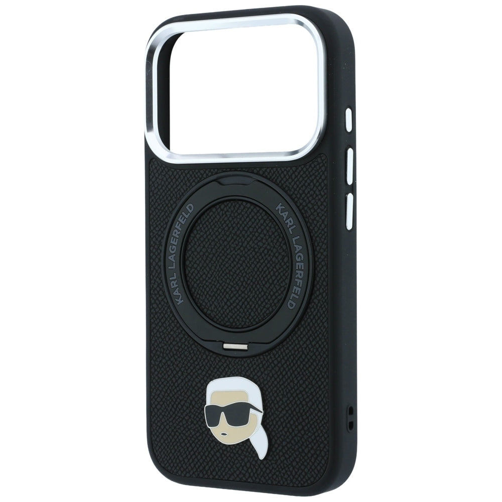 Karl Lagerfeld dėklas su 360 žiediniu stovu ir Karl galvos smeigtuku MagSafe skirtas iPhone 18 Pro / 17 Pro - juodas --...