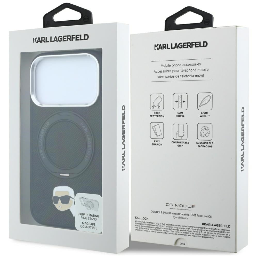 Karl Lagerfeld dėklas su 360 žiediniu stovu ir Karl galvos smeigtuku MagSafe skirtas iPhone 18 Pro / 17 Pro - juodas --...