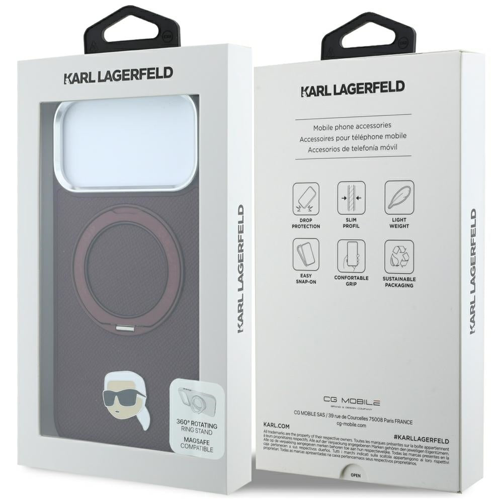 Dėklas Karl Lagerfeld su 360 žiediniu stovu ir Karl galvos smeigtuku MagSafe, skirtas iPhone 18 Pro Max / 17 Pro Max -...