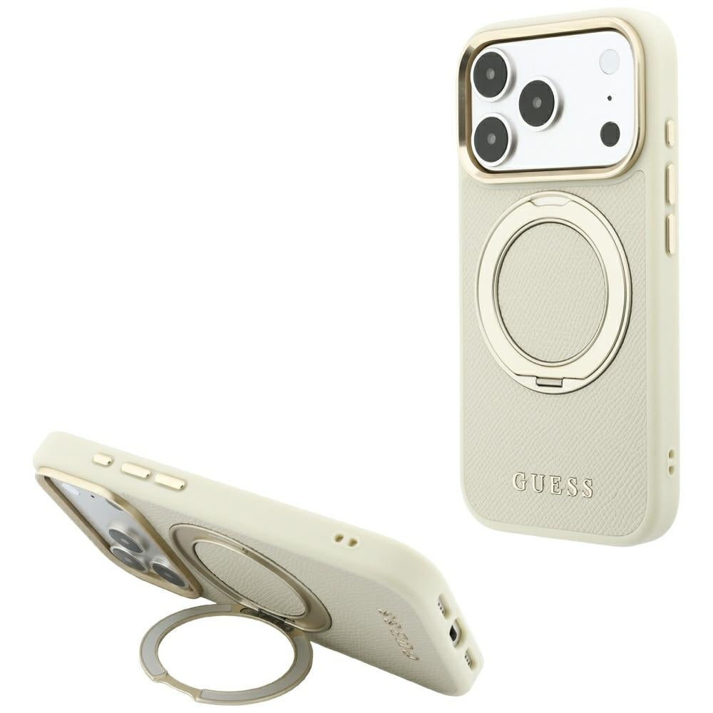 Dėklas iPhone 18 Pro / 17 Pro - Guess Ring Stand 360 Grained Classic Logo MagSafe - Smėlio spalvos -- iPhone 18 Pro /...