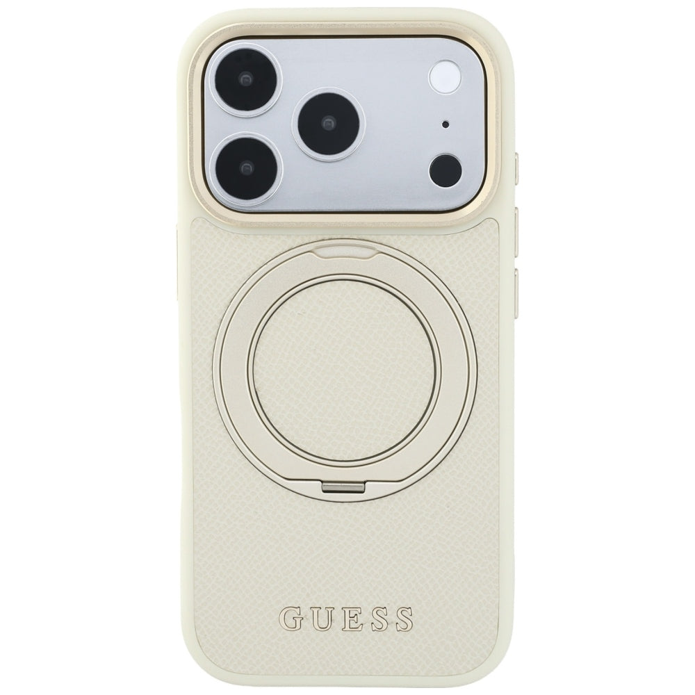Dėklas iPhone 18 Pro / 17 Pro - Guess Ring Stand 360 Grained Classic Logo MagSafe - Smėlio spalvos -- iPhone 18 Pro /...