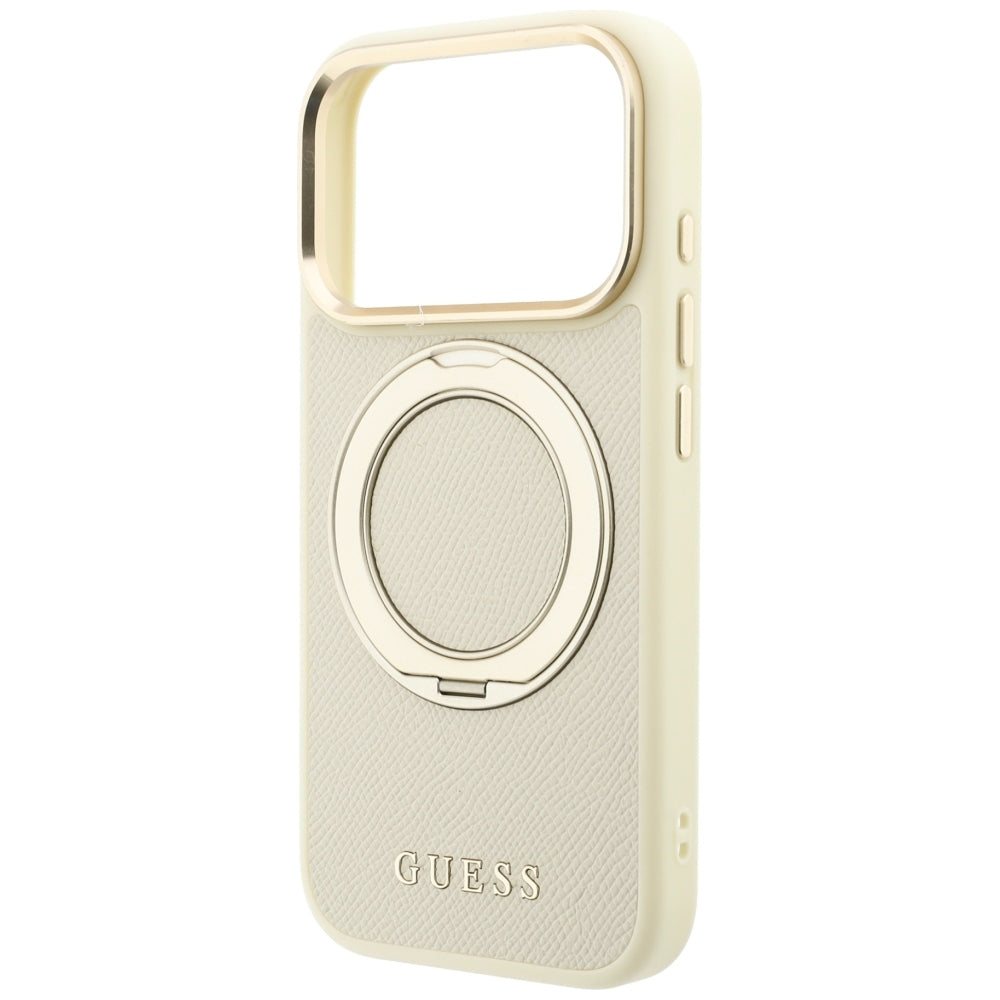 Dėklas iPhone 18 Pro / 17 Pro - Guess Ring Stand 360 Grained Classic Logo MagSafe - Smėlio spalvos -- iPhone 18 Pro /...