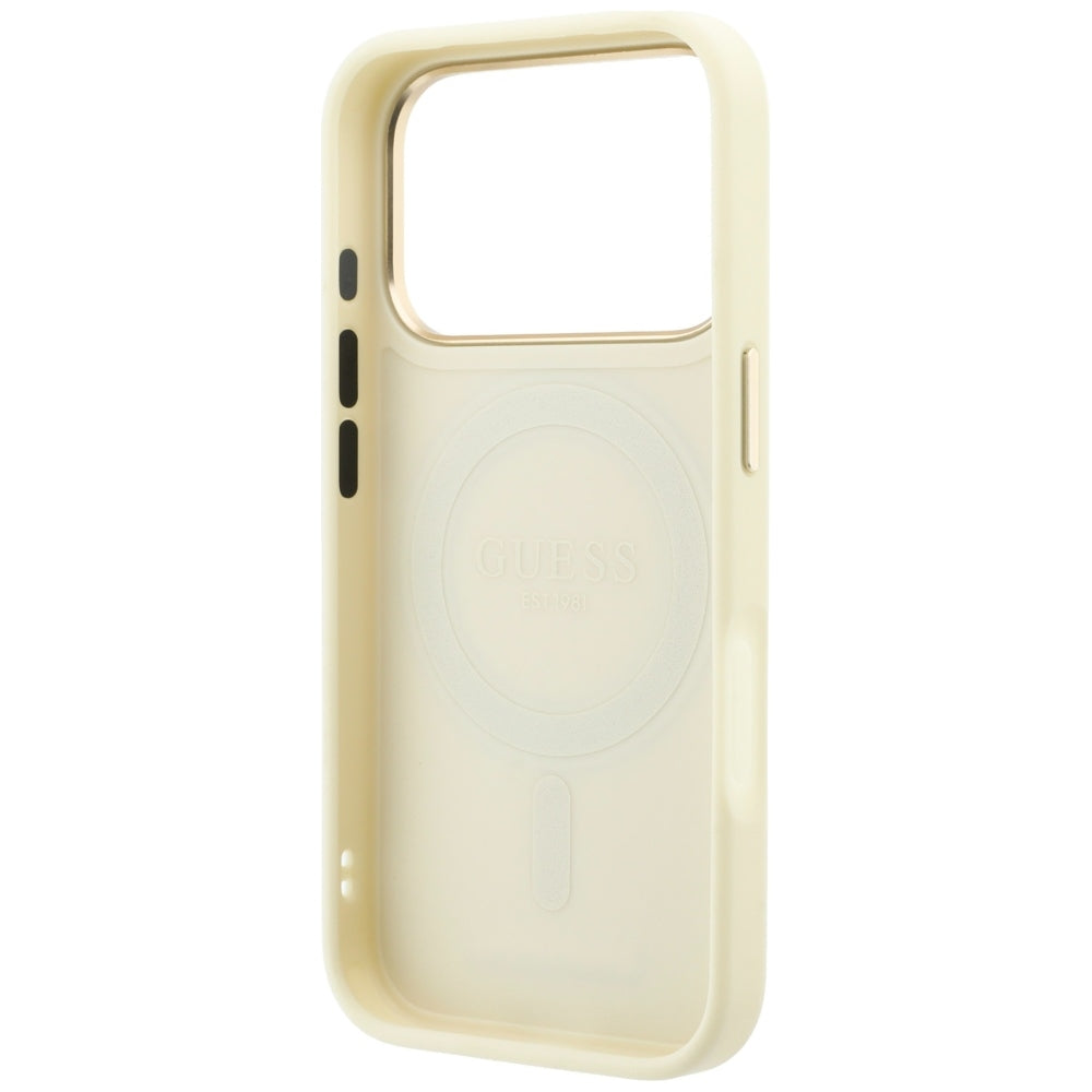 Dėklas iPhone 18 Pro / 17 Pro - Guess Ring Stand 360 Grained Classic Logo MagSafe - Smėlio spalvos -- iPhone 18 Pro /...