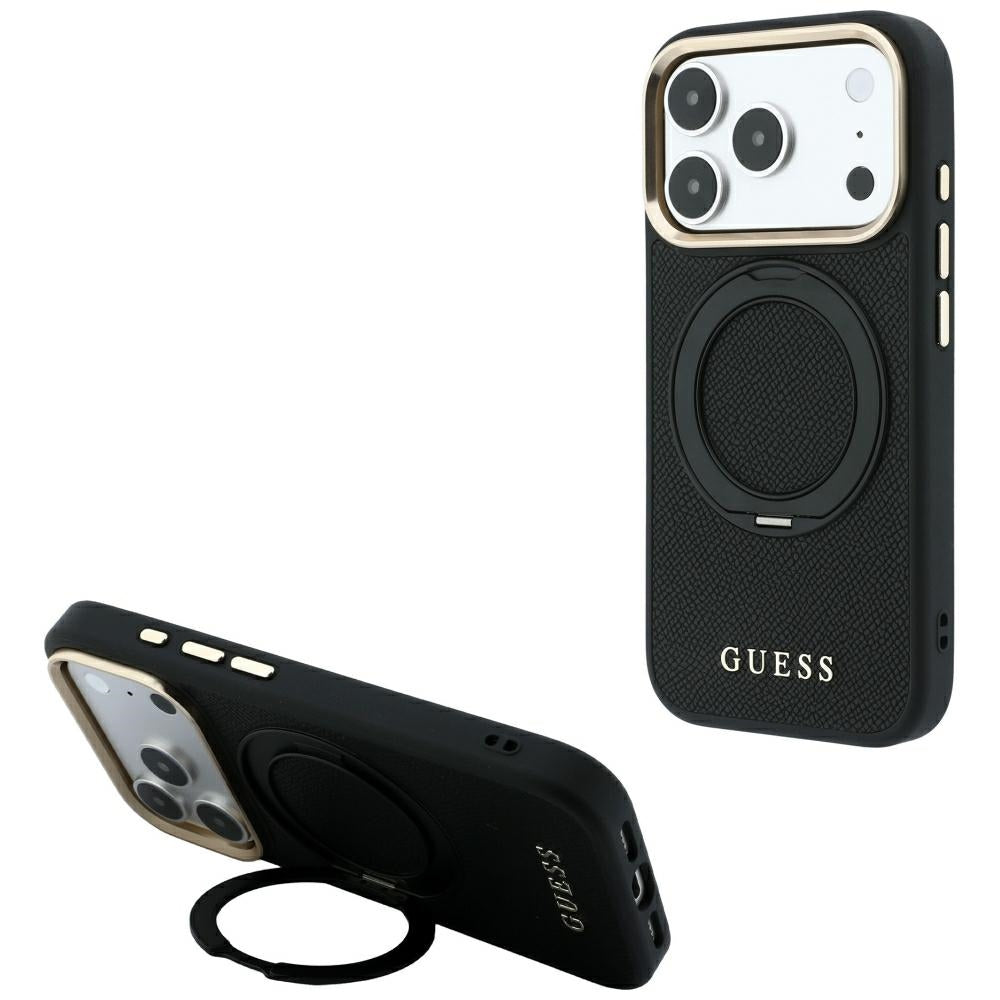 Dėklas iPhone 18 Pro Max / 17 Pro Max - Guess Ring Stand 360 Grained Classic Logo MagSafe - Juodas -- iPhone 18 Pro Max /...