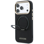 Dėklas iPhone 18 Pro Max / 17 Pro Max - Guess Ring Stand 360 Grained Classic Logo MagSafe - Juodas -- iPhone 18 Pro Max /...