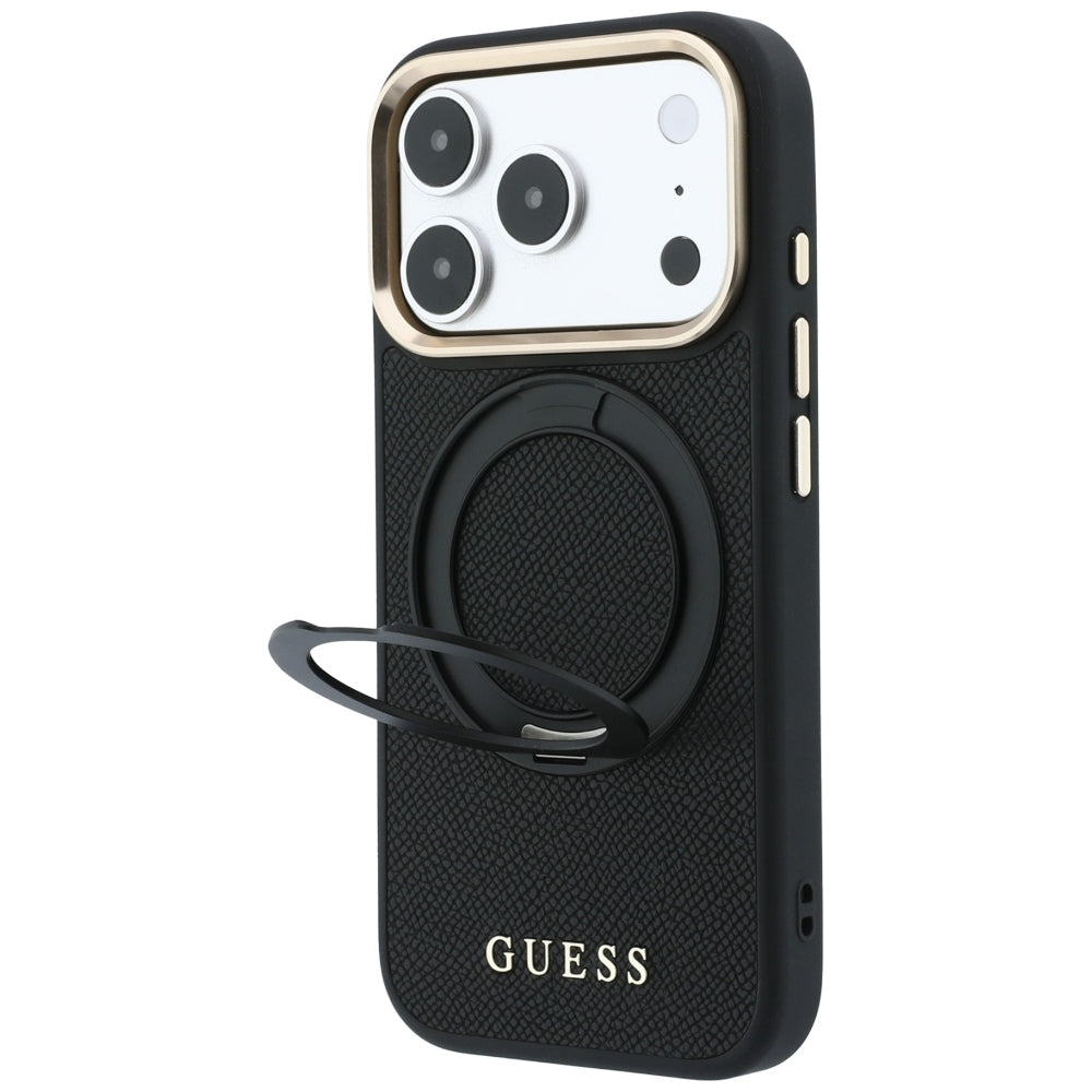 Dėklas iPhone 18 Pro Max / 17 Pro Max - Guess Ring Stand 360 Grained Classic Logo MagSafe - Juodas -- iPhone 18 Pro Max /...