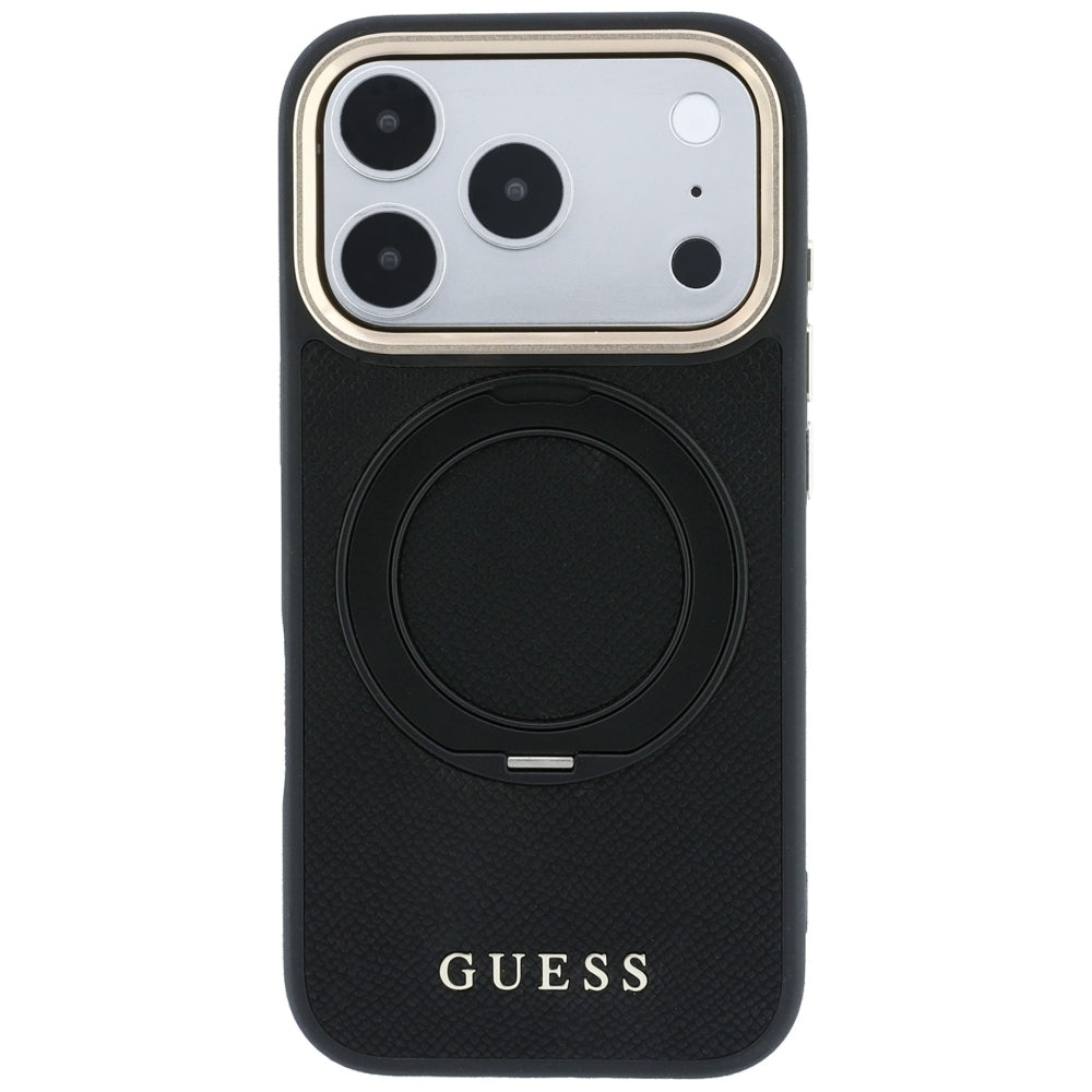 Dėklas iPhone 18 Pro Max / 17 Pro Max - Guess Ring Stand 360 Grained Classic Logo MagSafe - Juodas -- iPhone 18 Pro Max /...