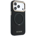 Dėklas iPhone 18 Pro Max / 17 Pro Max - Guess Ring Stand 360 Grained Classic Logo MagSafe - Juodas -- iPhone 18 Pro Max /...