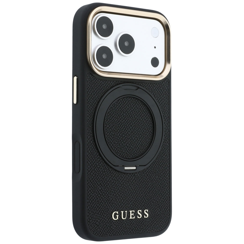 Dėklas iPhone 18 Pro Max / 17 Pro Max - Guess Ring Stand 360 Grained Classic Logo MagSafe - Juodas -- iPhone 18 Pro Max /...