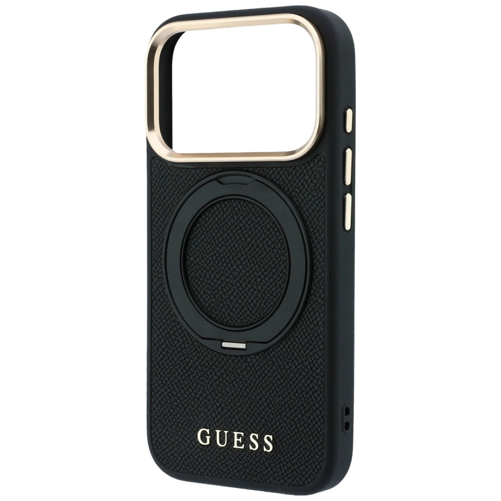 Dėklas iPhone 18 Pro Max / 17 Pro Max - Guess Ring Stand 360 Grained Classic Logo MagSafe - Juodas -- iPhone 18 Pro Max /...