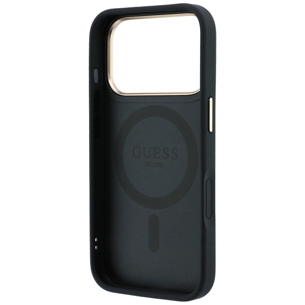 Dėklas iPhone 18 Pro Max / 17 Pro Max - Guess Ring Stand 360 Grained Classic Logo MagSafe - Juodas -- iPhone 18 Pro Max /...