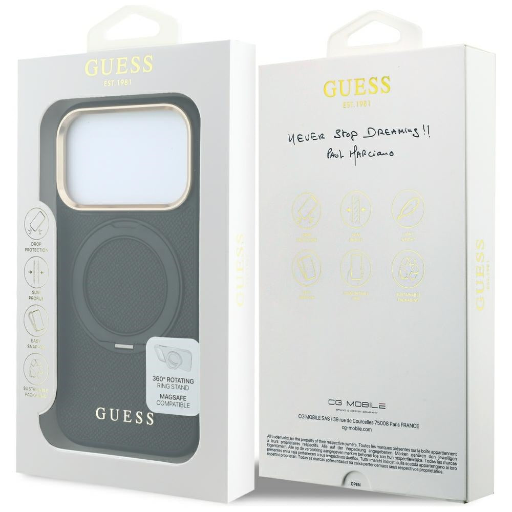 Dėklas iPhone 18 Pro Max / 17 Pro Max - Guess Ring Stand 360 Grained Classic Logo MagSafe - Juodas -- iPhone 18 Pro Max /...