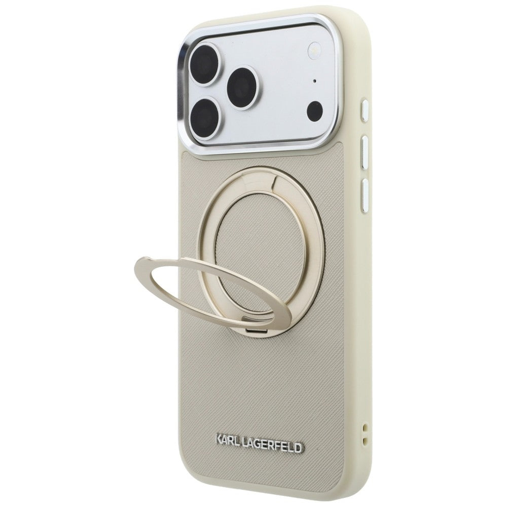 Dėklas Karl Lagerfeld Ring Stand 360 Saffiano Classic Logo MagSafe telefonui iPhone 18 Pro Max / 17 Pro Max - Smėlinis --...