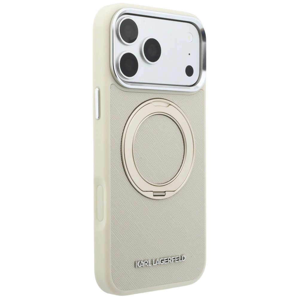 Dėklas Karl Lagerfeld Ring Stand 360 Saffiano Classic Logo MagSafe telefonui iPhone 18 Pro Max / 17 Pro Max - Smėlinis --...