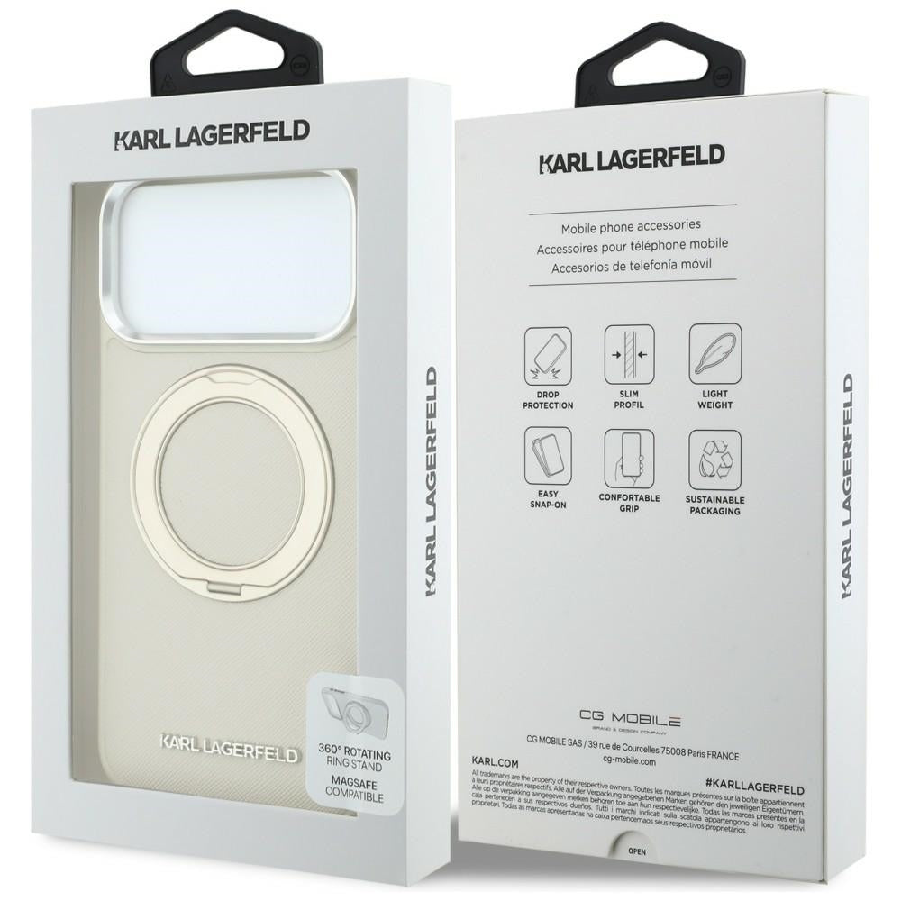 Dėklas Karl Lagerfeld Ring Stand 360 Saffiano Classic Logo MagSafe telefonui iPhone 18 Pro Max / 17 Pro Max - Smėlinis --...