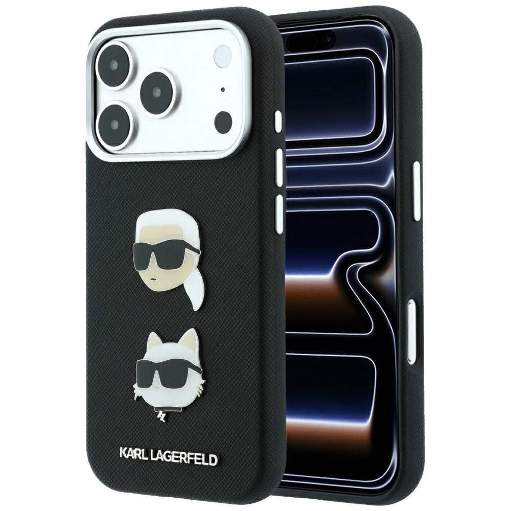 Dėklas Karl Lagerfeld Saffiano with Karl & Choupette Heads Pins & Logo telefonui iPhone 18 Pro / 17 Pro - Juodas --...