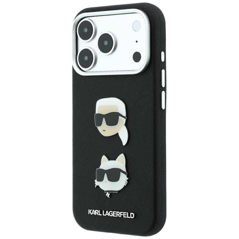 Dėklas Karl Lagerfeld Saffiano with Karl & Choupette Heads Pins & Logo telefonui iPhone 18 Pro / 17 Pro - Juodas --...