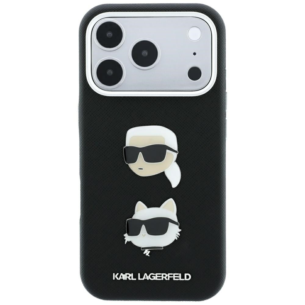 Dėklas Karl Lagerfeld Saffiano with Karl & Choupette Heads Pins & Logo telefonui iPhone 18 Pro / 17 Pro - Juodas --...