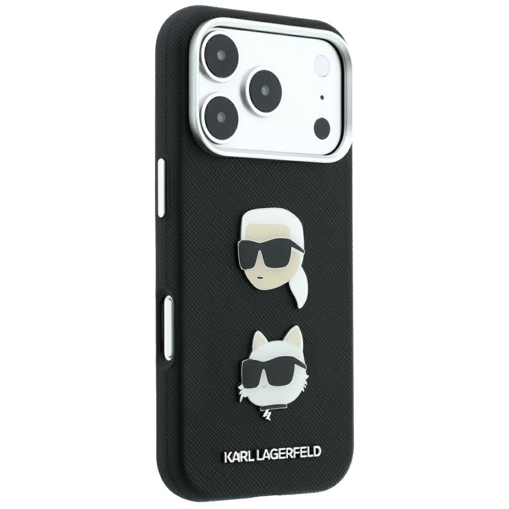 Dėklas Karl Lagerfeld Saffiano with Karl & Choupette Heads Pins & Logo telefonui iPhone 18 Pro / 17 Pro - Juodas --...