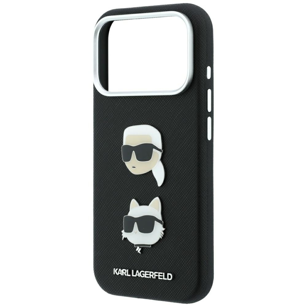 Dėklas Karl Lagerfeld Saffiano with Karl & Choupette Heads Pins & Logo telefonui iPhone 18 Pro / 17 Pro - Juodas --...