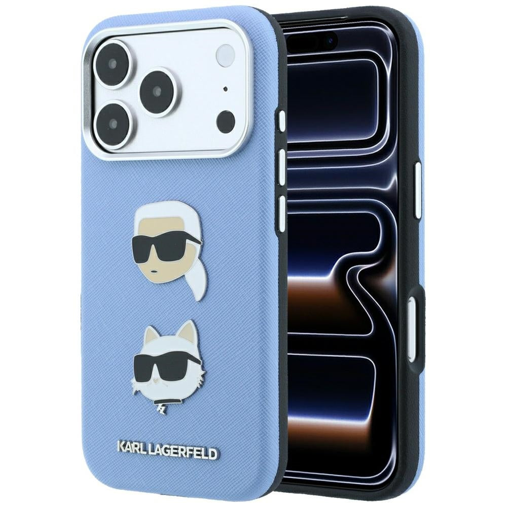 Dėklas Karl Lagerfeld Saffiano with Karl & Choupette Heads Pins & Logo telefonui iPhone 18 Pro / 17 Pro - Šviesiai...