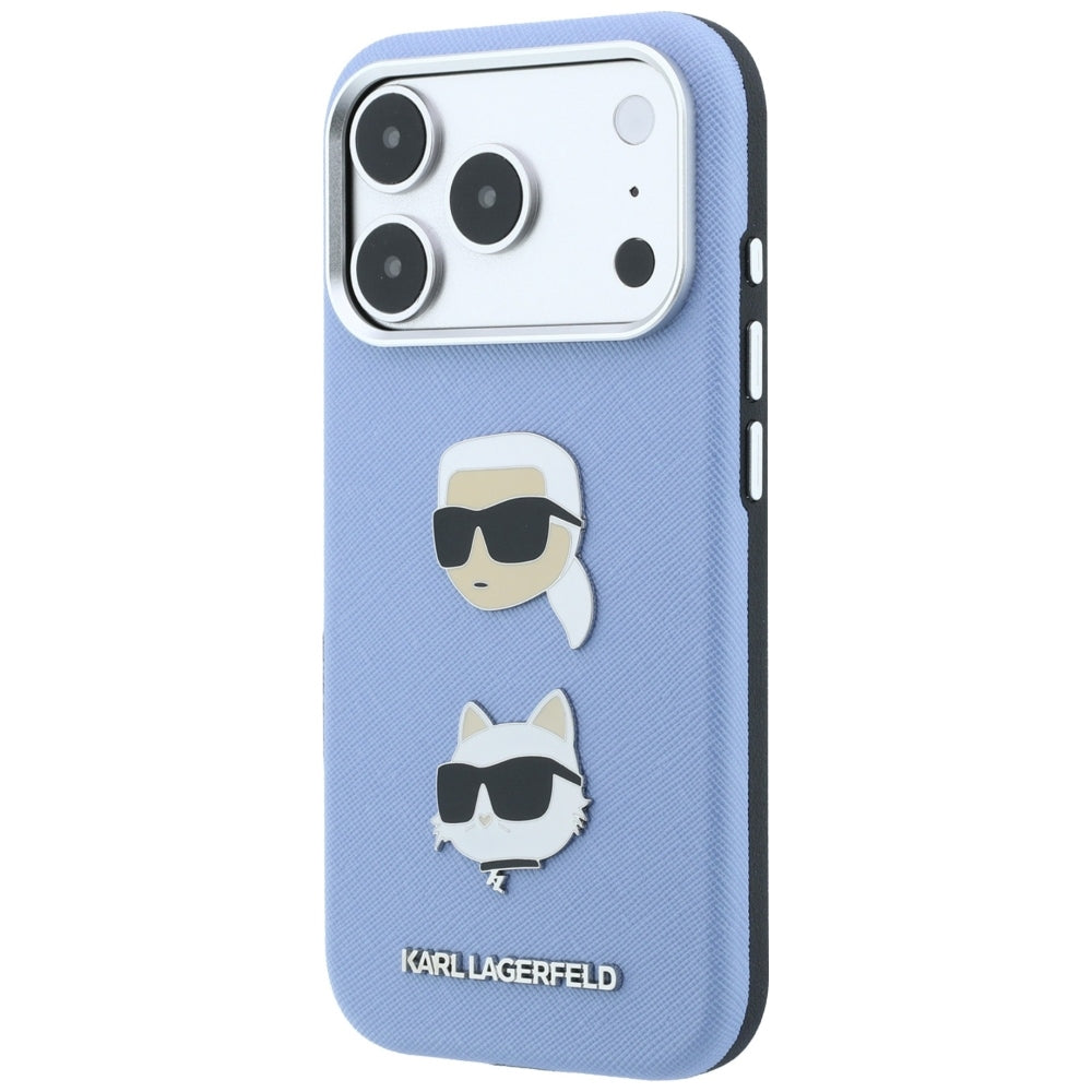 Dėklas Karl Lagerfeld Saffiano with Karl & Choupette Heads Pins & Logo telefonui iPhone 18 Pro / 17 Pro - Šviesiai...