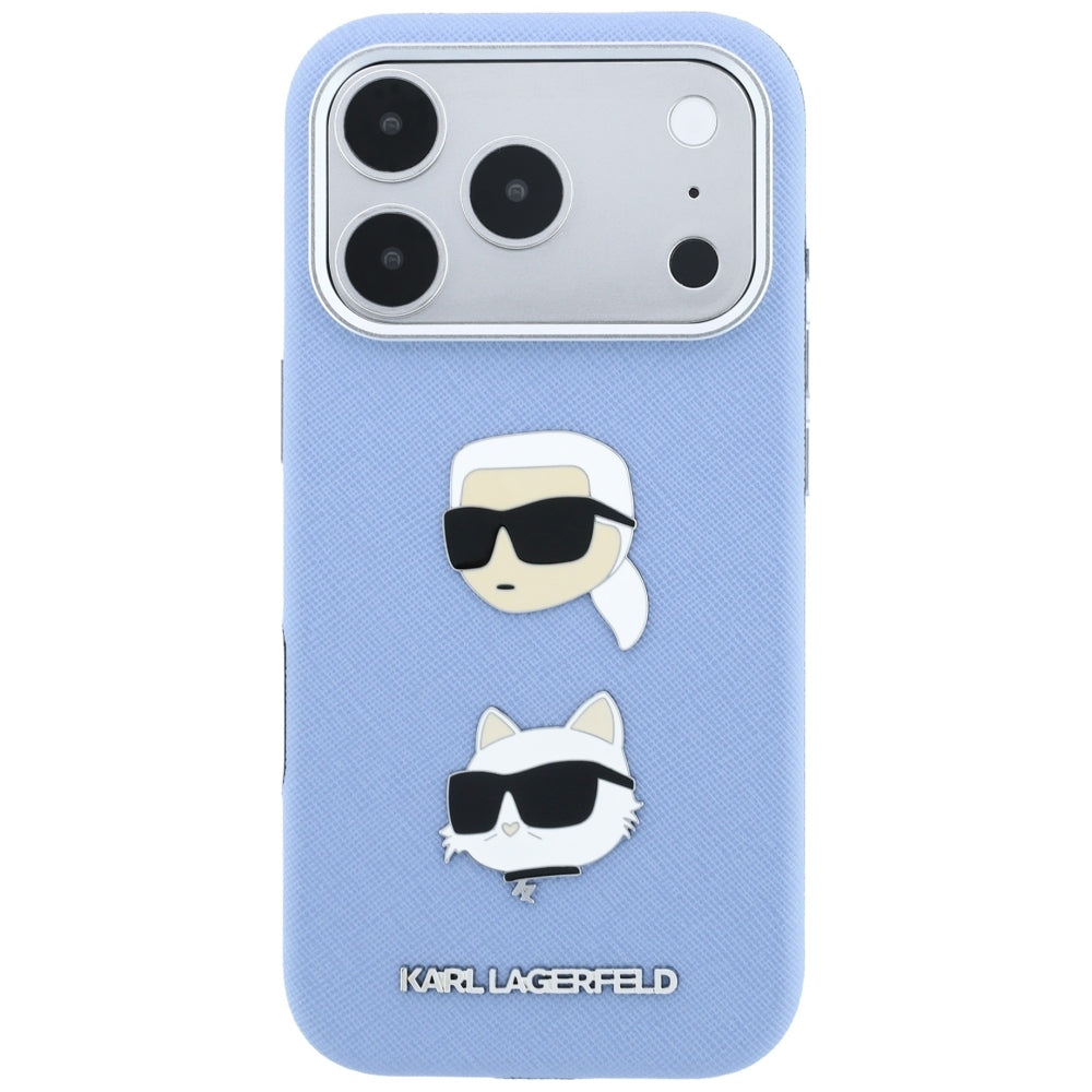 Dėklas Karl Lagerfeld Saffiano with Karl & Choupette Heads Pins & Logo telefonui iPhone 18 Pro / 17 Pro - Šviesiai...