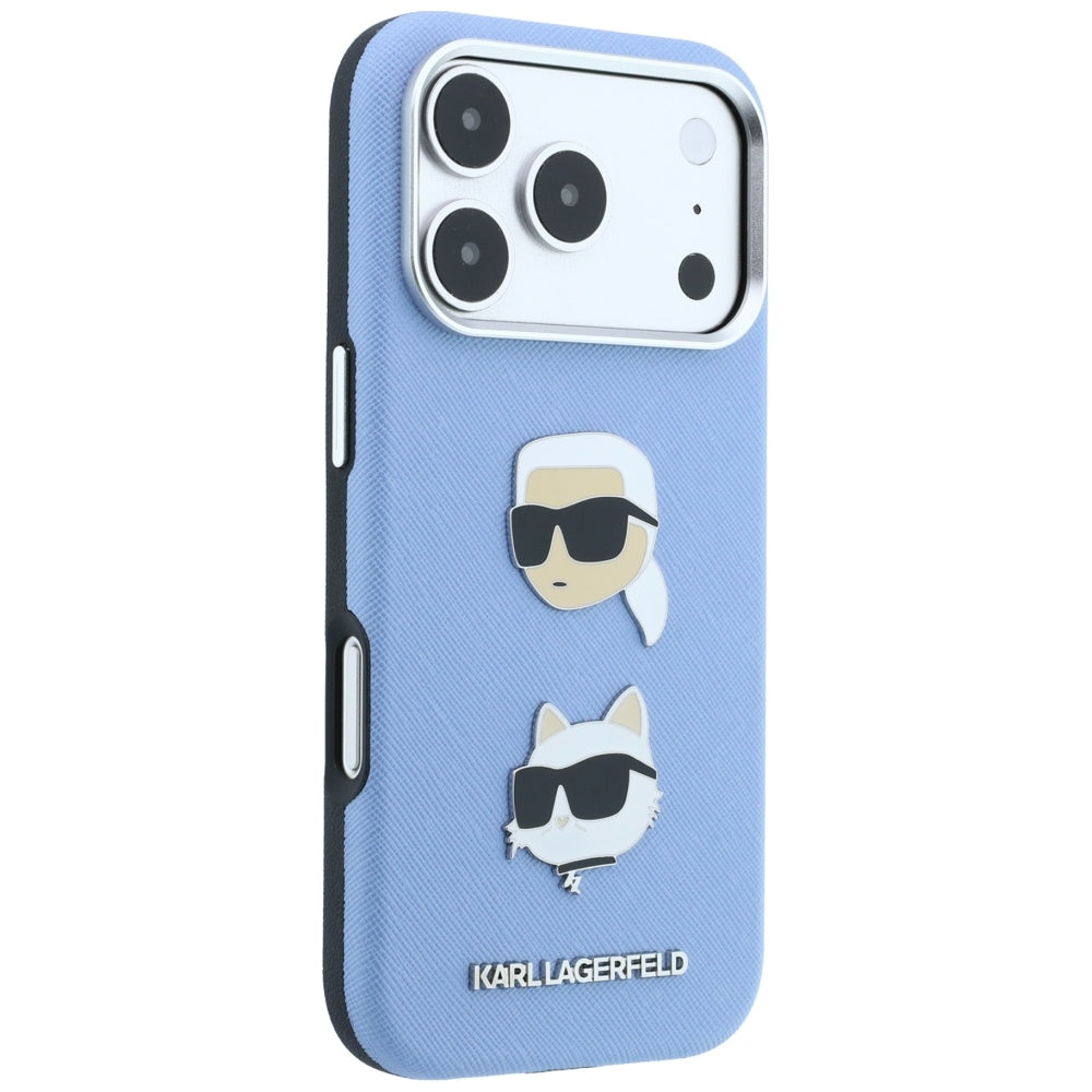 Dėklas Karl Lagerfeld Saffiano with Karl & Choupette Heads Pins & Logo telefonui iPhone 18 Pro / 17 Pro - Šviesiai...