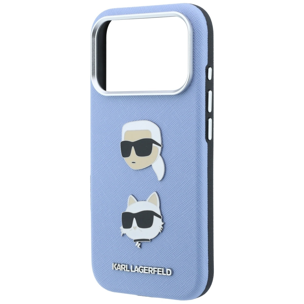 Dėklas Karl Lagerfeld Saffiano with Karl & Choupette Heads Pins & Logo telefonui iPhone 18 Pro / 17 Pro - Šviesiai...