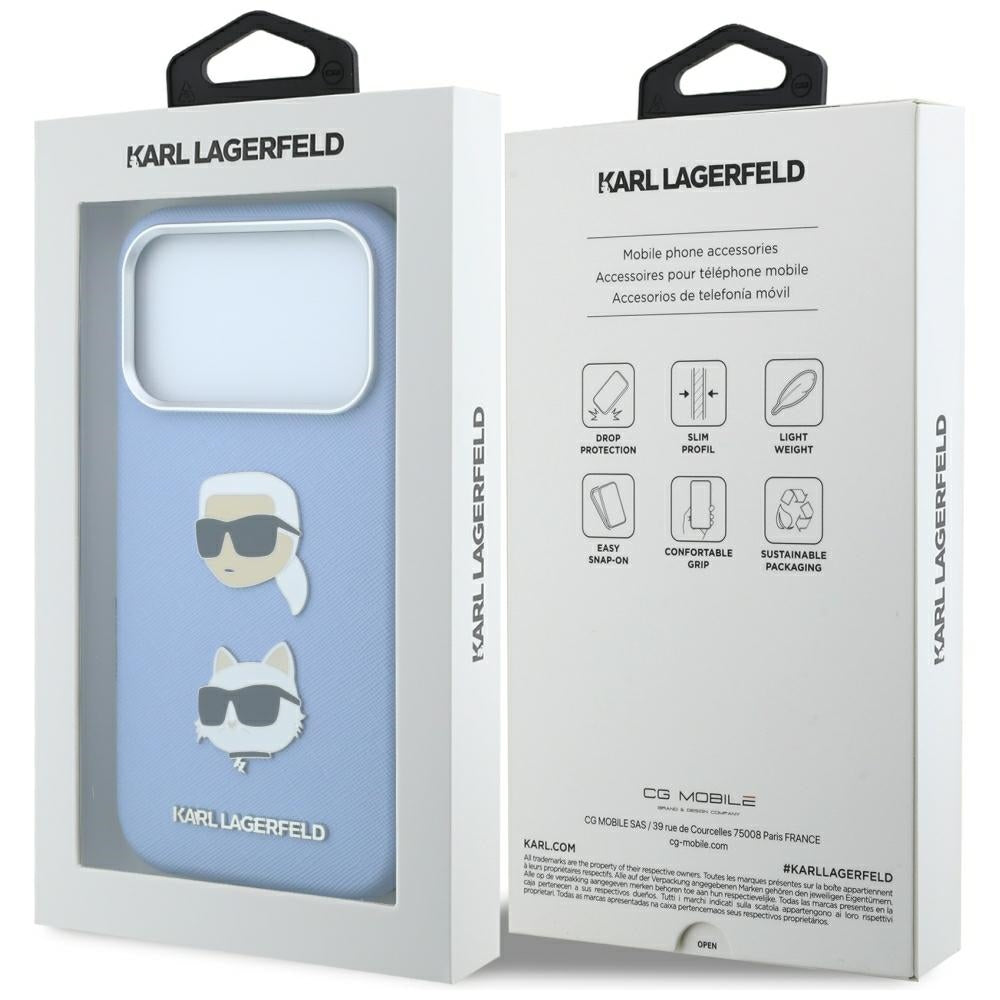 Dėklas Karl Lagerfeld Saffiano with Karl & Choupette Heads Pins & Logo telefonui iPhone 18 Pro / 17 Pro - Šviesiai...