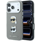 Dėklas Karl Lagerfeld Saffiano with Karl & Choupette Heads Pins & Logo, skirtas iPhone 18 Pro / 17 Pro - Pilkas -- iPhone...