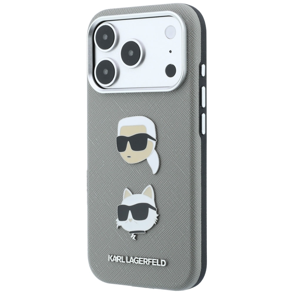 Dėklas Karl Lagerfeld Saffiano with Karl & Choupette Heads Pins & Logo, skirtas iPhone 18 Pro / 17 Pro - Pilkas -- iPhone...