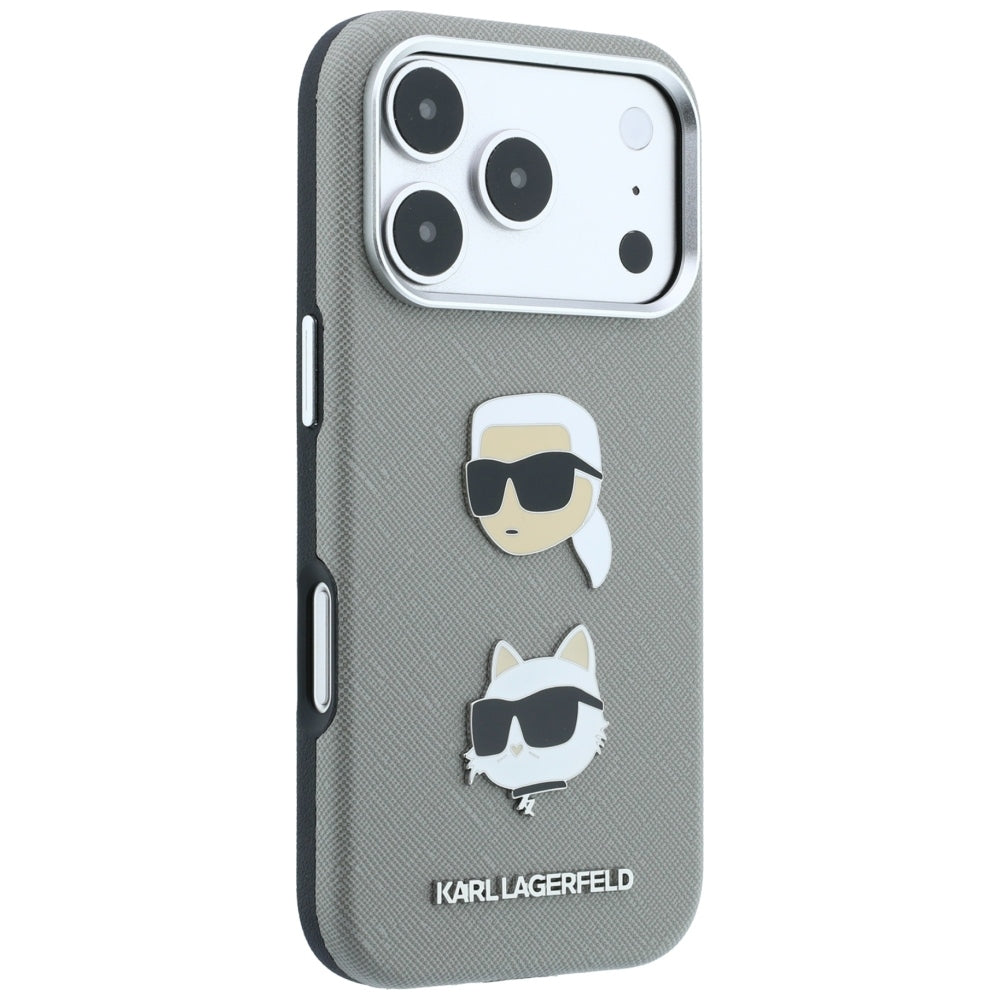 Dėklas Karl Lagerfeld Saffiano with Karl & Choupette Heads Pins & Logo, skirtas iPhone 18 Pro / 17 Pro - Pilkas -- iPhone...