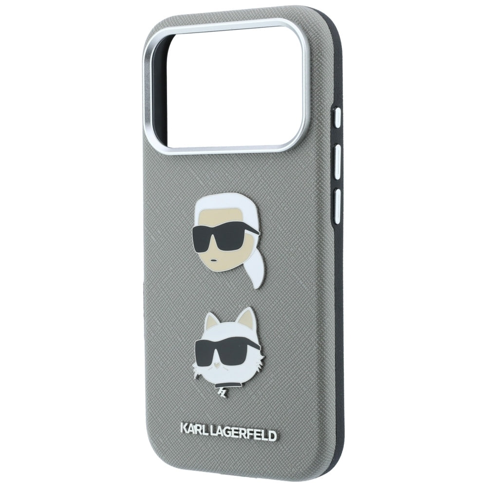 Dėklas Karl Lagerfeld Saffiano with Karl & Choupette Heads Pins & Logo, skirtas iPhone 18 Pro / 17 Pro - Pilkas -- iPhone...