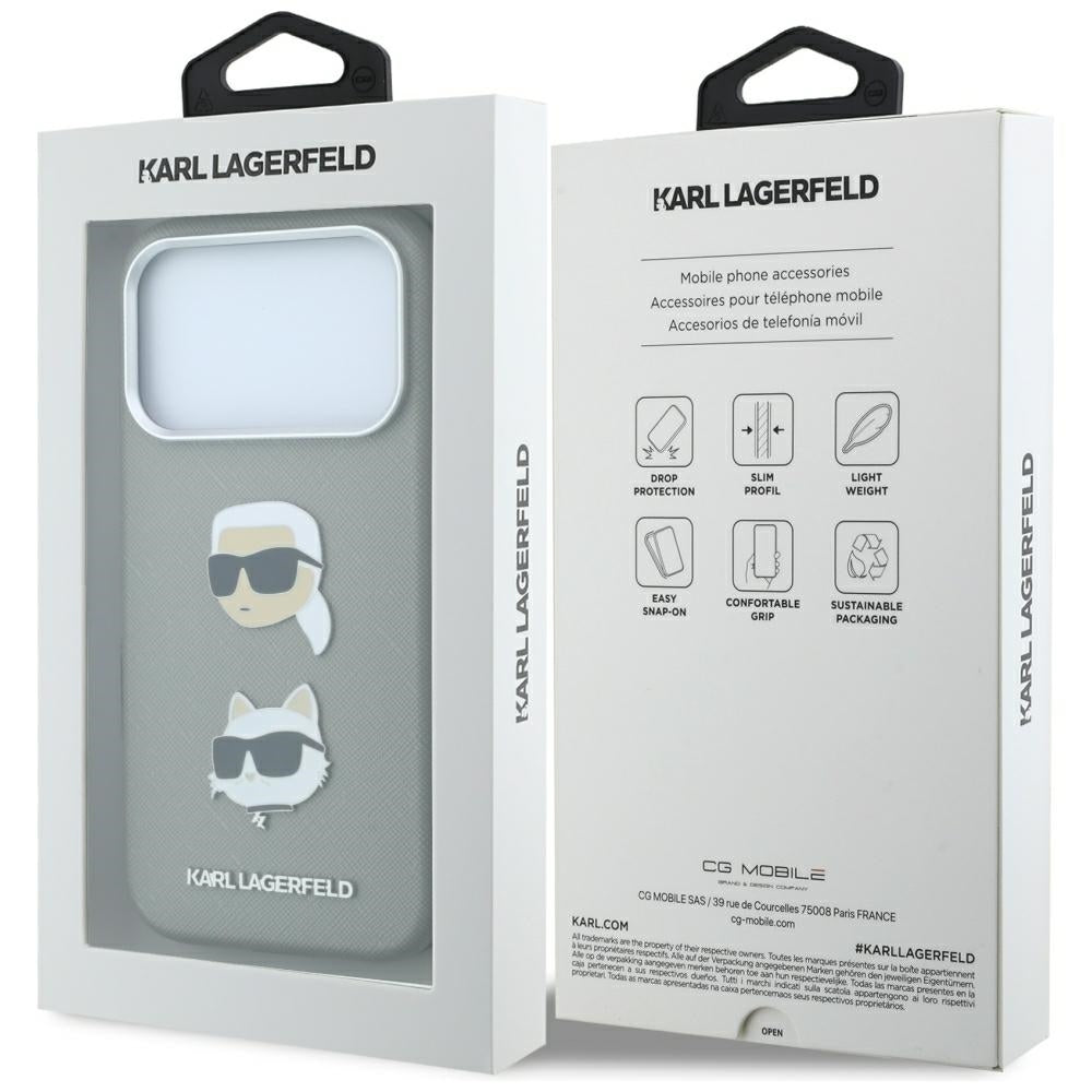 Dėklas Karl Lagerfeld Saffiano with Karl & Choupette Heads Pins & Logo, skirtas iPhone 18 Pro / 17 Pro - Pilkas -- iPhone...