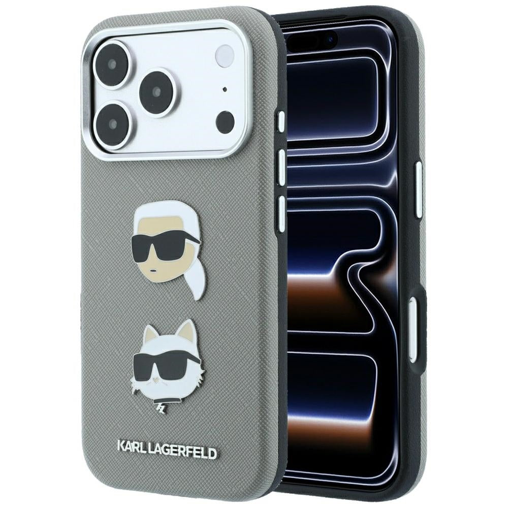 Dėklas Karl Lagerfeld Saffiano with Karl & Choupette Heads Pins & Logo, skirtas iPhone 18 Pro Max / 17 Pro Max - Pilkas...