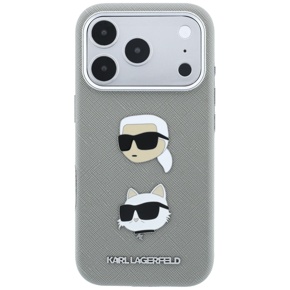 Dėklas Karl Lagerfeld Saffiano with Karl & Choupette Heads Pins & Logo, skirtas iPhone 18 Pro Max / 17 Pro Max - Pilkas...