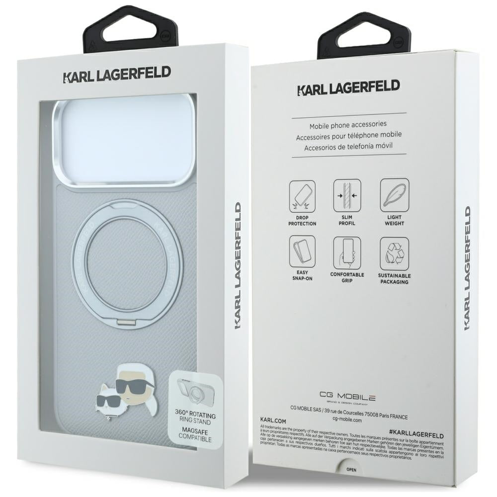 Karl Lagerfeld MagSafe dėklas su 360 žiediniu stovu ir Karl bei Choupette galvų segtuku skirtas iPhone 18 Pro / 17 Pro –...
