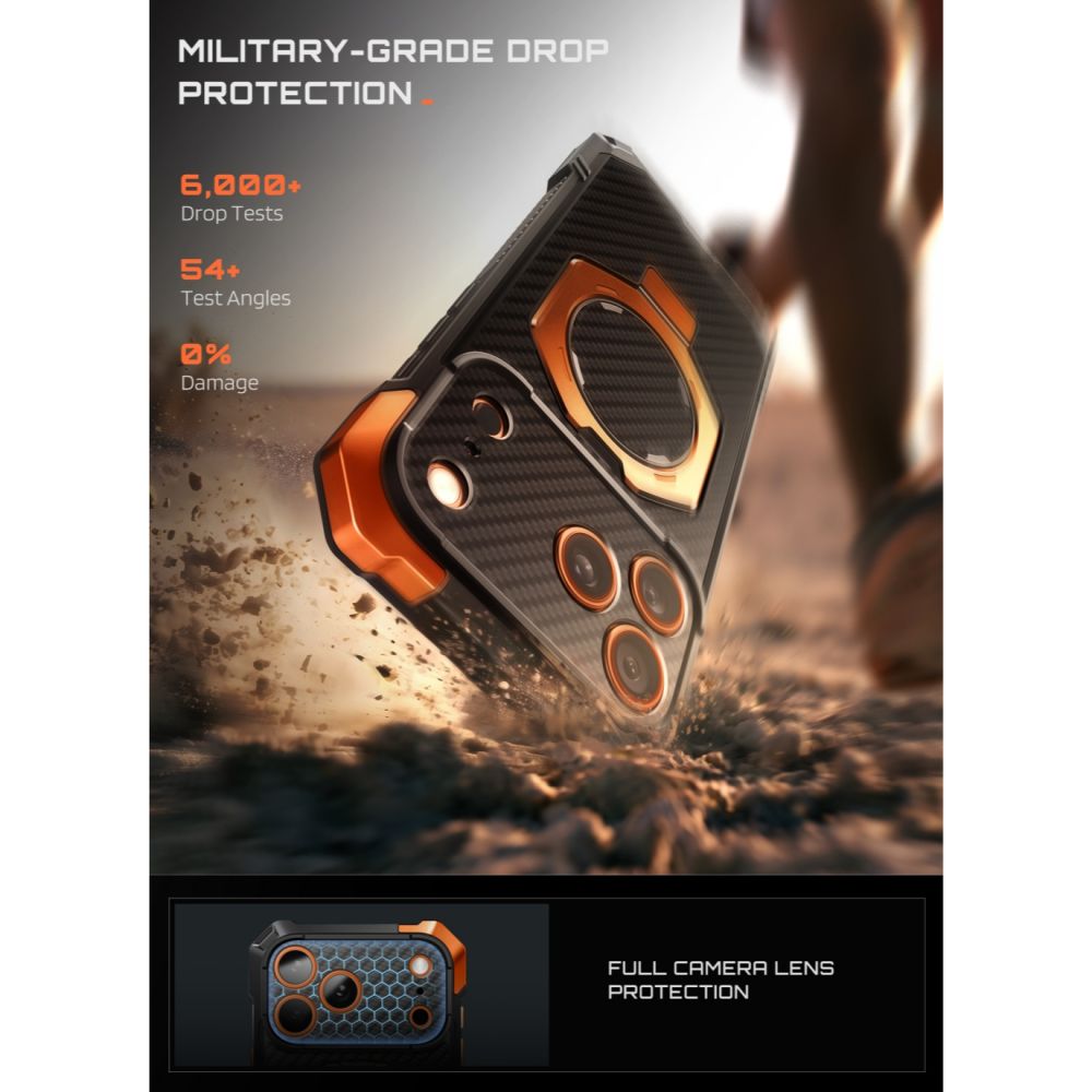 Dėklas Supcase UB Grip Mag MagSafe Aramid telefonams iPhone 18 Pro Max / 17 Pro Max - juodas ir oranžinis -- iPhone 18...