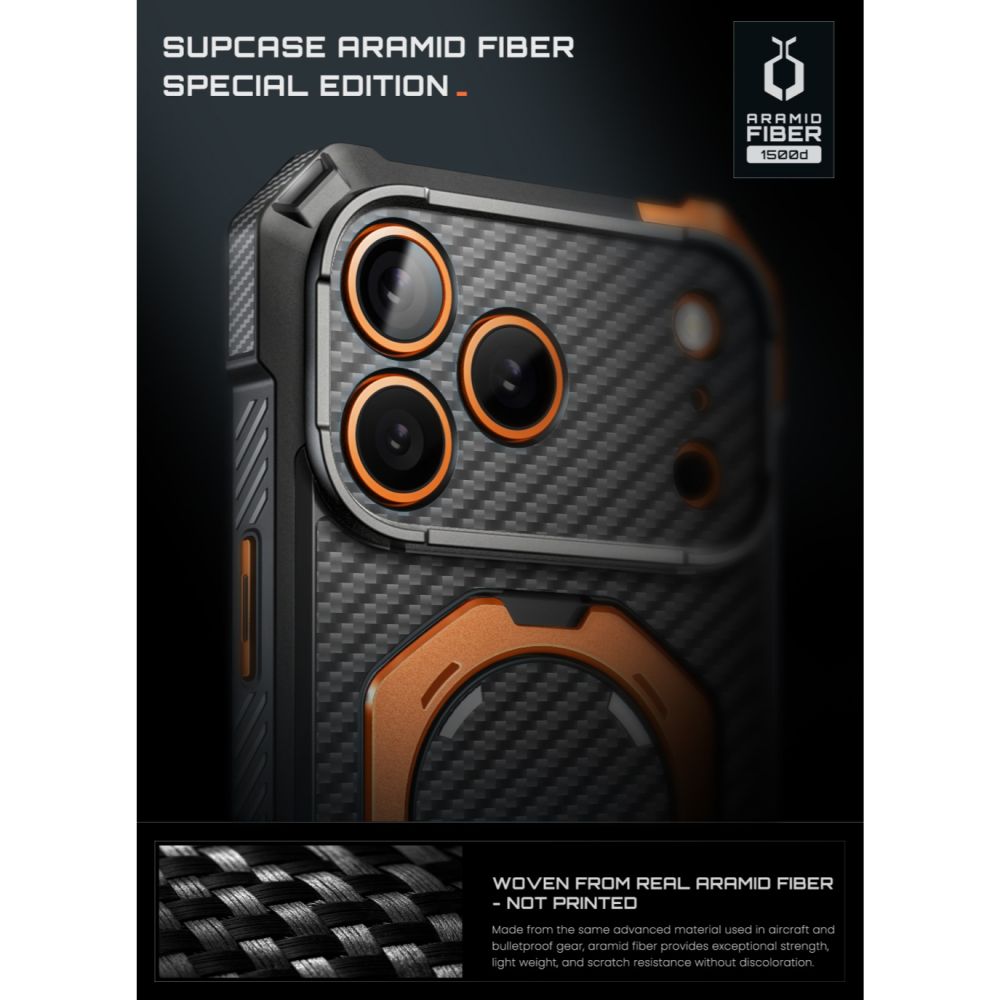 Dėklas Supcase UB Grip Mag MagSafe Aramid telefonams iPhone 18 Pro Max / 17 Pro Max - juodas ir oranžinis -- iPhone 18...