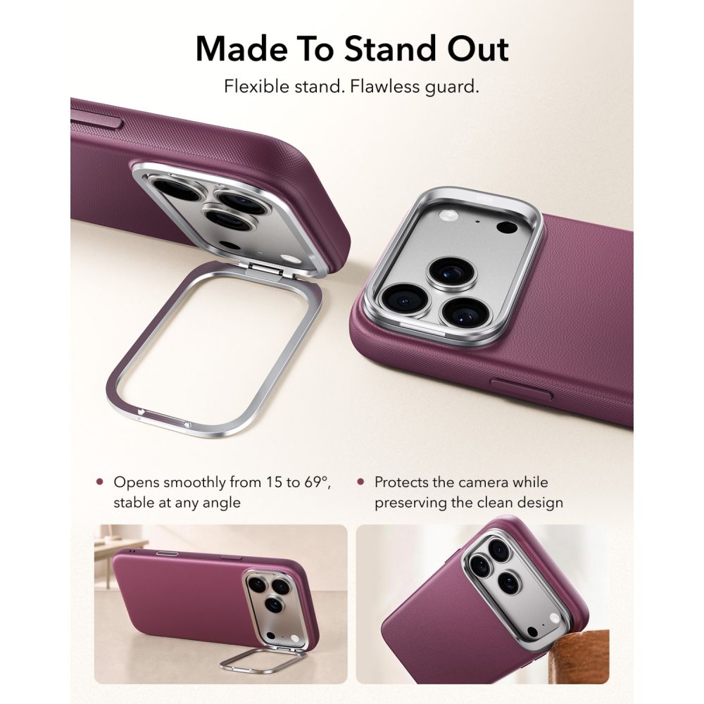 Dėklas ESR Atelier Kickstand MagSafe telefonams iPhone 18 Pro / 17 Pro - bordo -- iPhone 18 Pro / iPhone 17 Pro