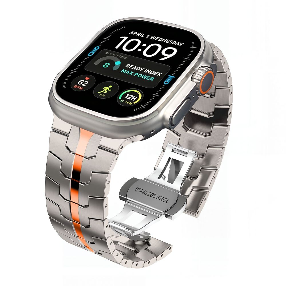 Dirželis Tech-Protect Stainless Apple Watch 8 / 9 / 10 / 11 / 12 / SE / Ultra (44 / 45 / 46 / 49 mm), Titanium / Orange...