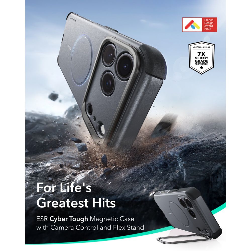Dėklas ESR Cyber Tough Kickstand MagSafe iPhone 17 Pro / 18 Pro, pilkas -- iPhone 17 Pro, iPhone 18 Pro