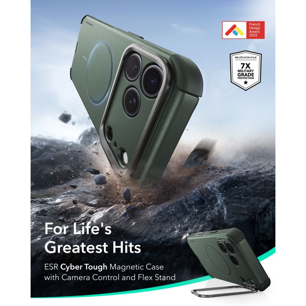 Dėklas ESR Cyber Tough Kickstand MagSafe iPhone 17 Pro / 18 Pro, žalias -- iPhone 17 Pro, iPhone 18 Pro