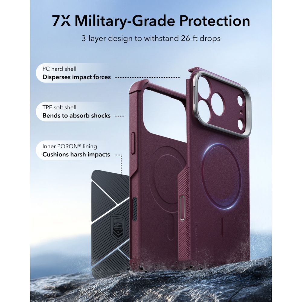 Dėklas ESR Cyber Tough Kickstand MagSafe iPhone 17 Pro Max / 18 Pro Max, bordo -- iPhone 17 Pro Max, iPhone 18 Pro Max