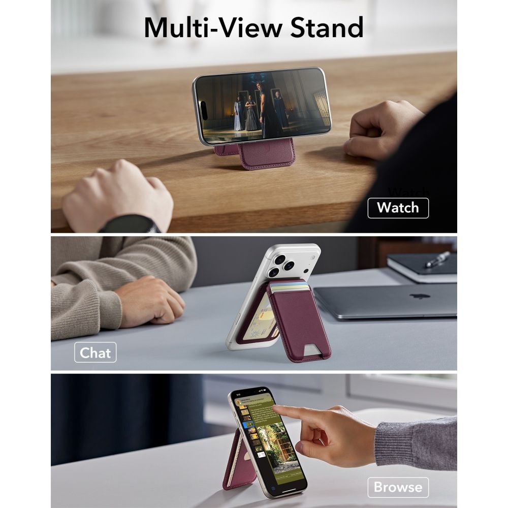 Piniginė ESR Classic RFID Magnetic Wallet Stand su MagSafe, tamsiai bordinė -- iPhone 17e, iPhone 17 Pro Max, iPhone 17...