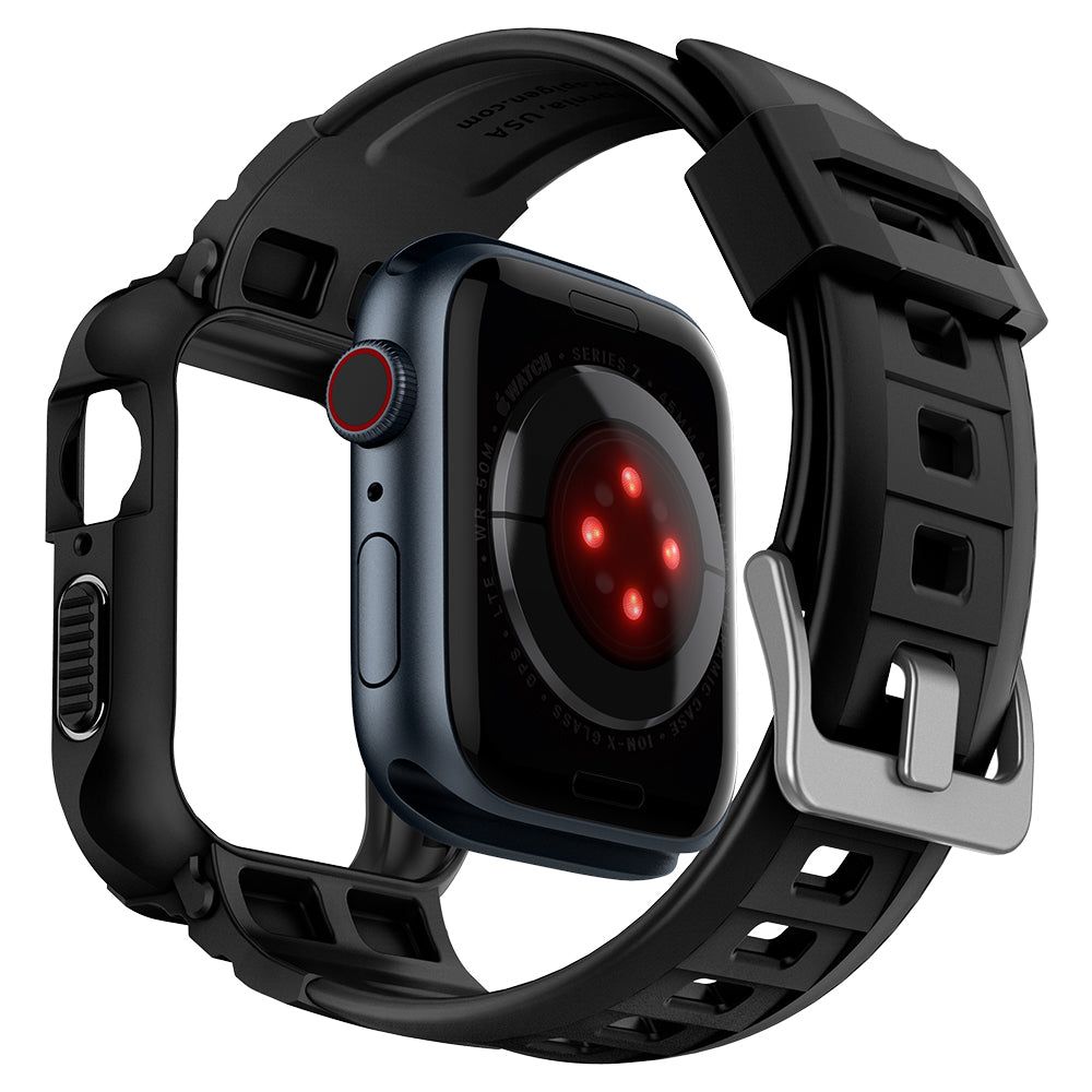 Spigen Rugged Armor Pro dėklas su dirželiu Apple Watch 44/45 mm – juodas