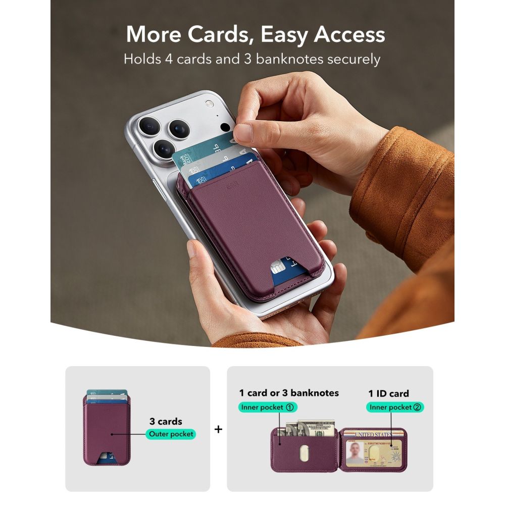 Piniginė ESR Classic RFID Magnetic Wallet Stand su MagSafe, tamsiai bordinė -- iPhone 17e, iPhone 17 Pro Max, iPhone 17...