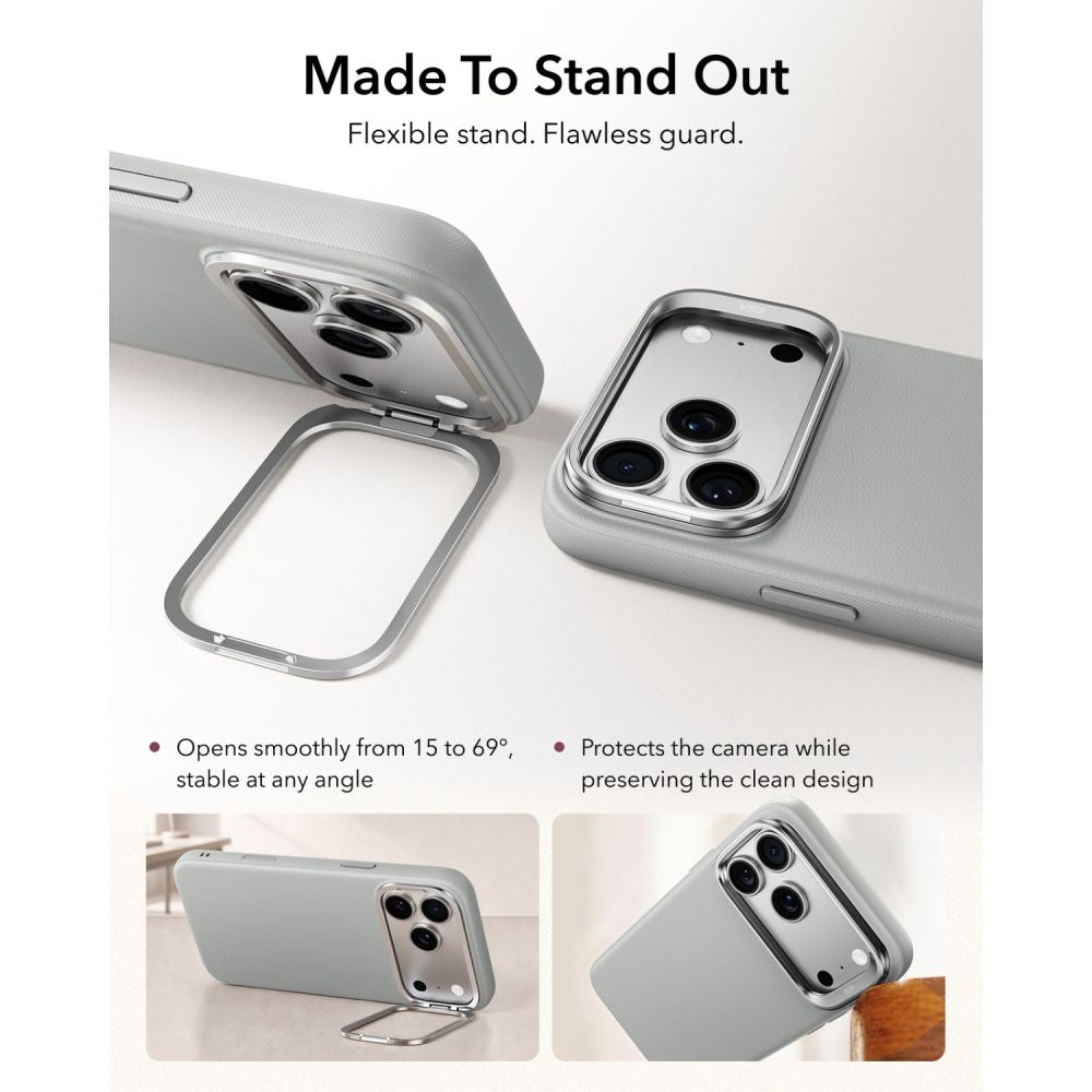 Dėklas ESR Leather Kickstand MagSafe iPhone 17 Pro Max / 18 Pro Max, pilkas -- iPhone 17 Pro Max, iPhone 18 Pro Max